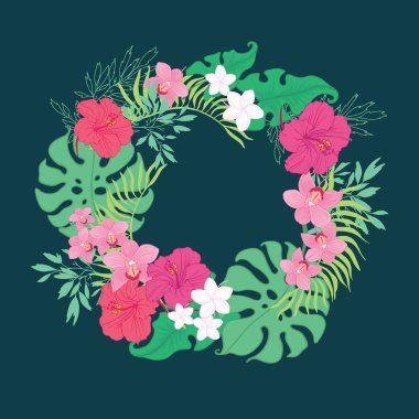 Tropikal orkide hibiscus çiçek çelenk.