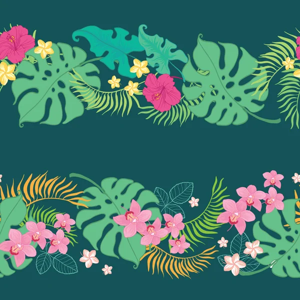 Tropical flowers seamless horizontal border. — Stock Vector