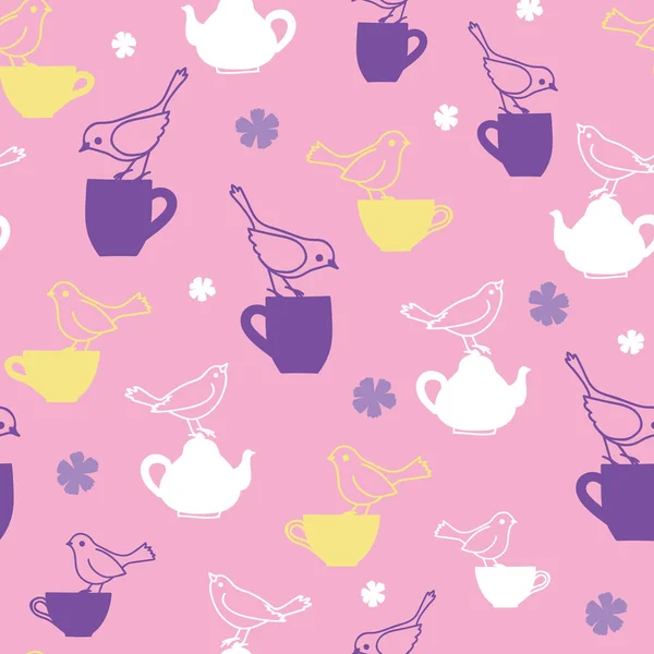 Pink birds and teapots vector repeat pattern — Stock Vector