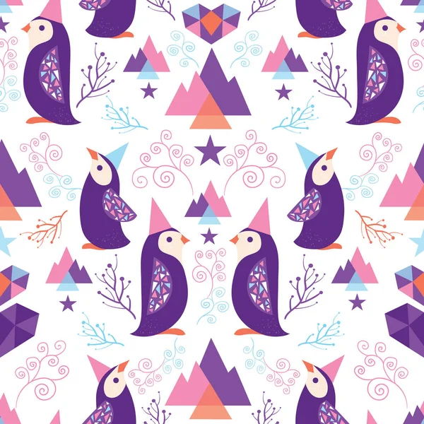 Colorful penguins in Santa hats seamless pattern. — Stock Vector