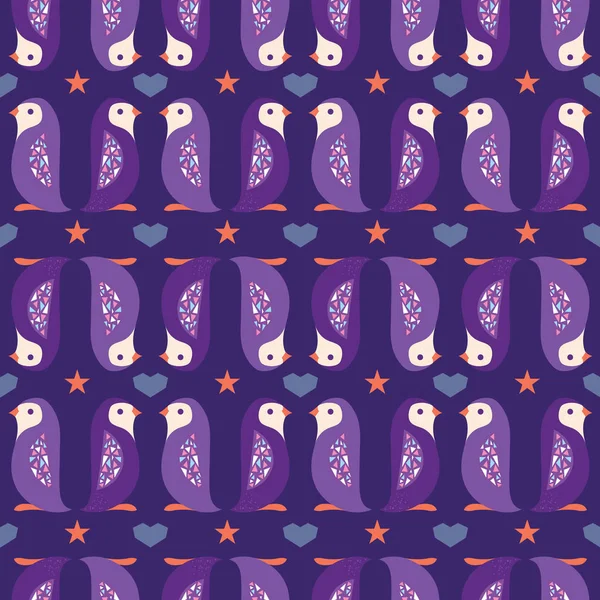 Purple folk penguins stripes seamless pattern. — Stock Vector