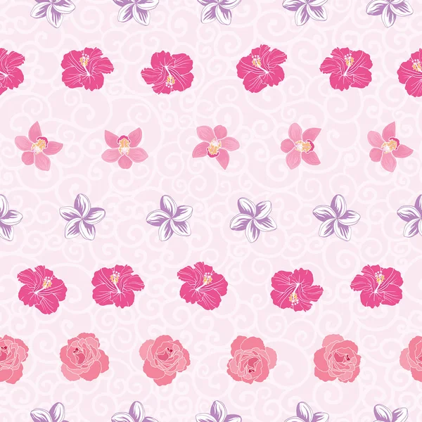 Roze tropische bloemen strepen herhalen patroon afdrukken — Stockvector