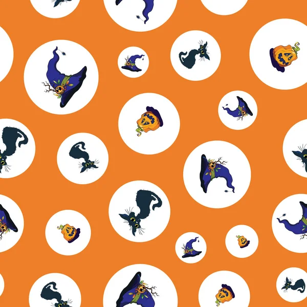 Dots halloween cats and pumpkins repeat pattern. — Stock Vector