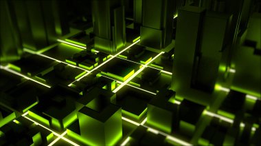 Neon parlayan şehir işleme. 3D render.