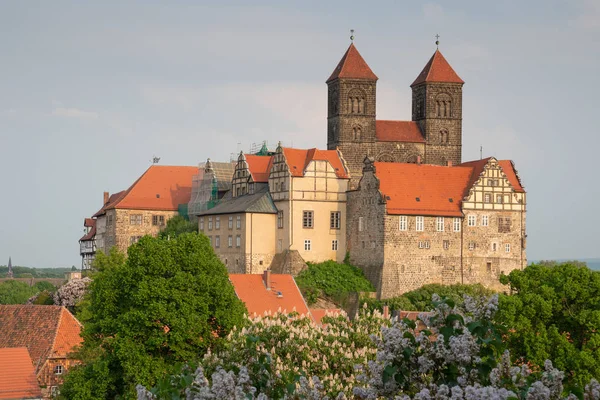 Panoramisch Beeld Van Het Klooster Van Quedlinburg Het Avondzonlicht Duitsland — Stockfoto