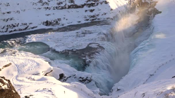 Panoramavideo Över Det Frusna Vattenfallet Gullfoss Island Europa — Stockvideo