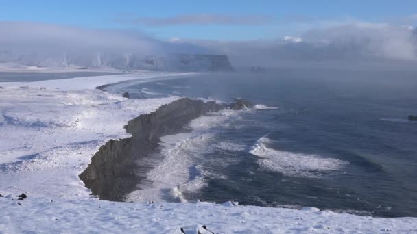 雪に覆われた海岸線 アイスランドの冬の日にディロレイ岬の沿岸風景のパノラマ画像 — ストック動画