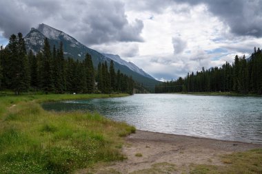 Banff yakınlarında bulutlu gökyüzü, Banff Ulusal Parkı, Alberta, Kanada 'nın sakin yay nehrinin panoramik görüntüsü