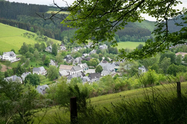 德国索尔兰地区靠近温特堡的一个有草地 山丘和树木的小村庄的全景图像 — 图库照片