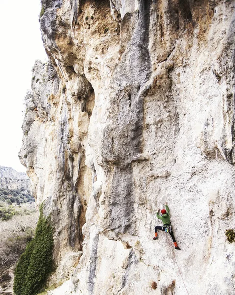 Mulher Alpinista Escalador Rocha Sobe Uma Parede Rochosa Mulher Faz — Fotografia de Stock