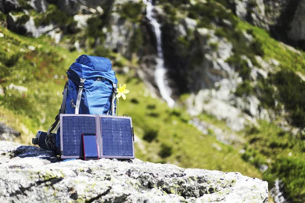 Solar Panel Hangs Backpack Background Mountains — Stock Photo, Image