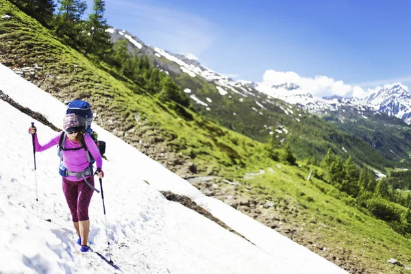 Kanada dağlarda trekking. Zam Kuzey Amerika'da popüler eğlence etkinliğidir.