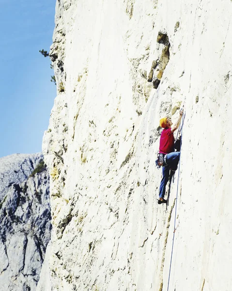 Giovane Uomo Guardando Alto Mentre Arrampica Percorso Impegnativo Sulla Scogliera — Foto Stock