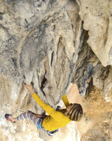 Giovane Arrampicatrice Femminile Una Parete Scogliera — Foto Stock