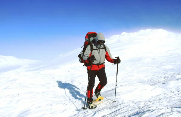 Caminata Invierno Las Montañas Con Una Mochila Tienda Campaña —  Fotos de Stock