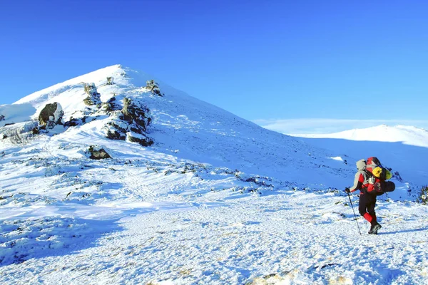 Bir Sırt Çantası Çadır Ile Dağlarda Kış Yürüyüş — Stok fotoğraf