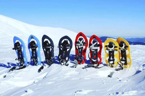 Winter Trekking Mountains Snowshoes Stand Snow — Stock Photo, Image