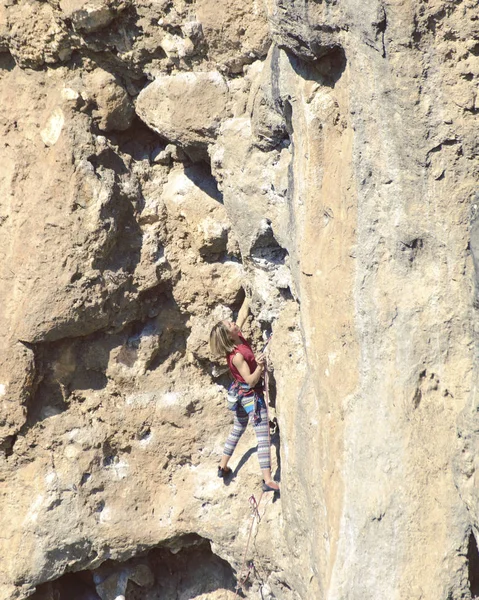 Jonge Vrouwelijke Rock Klimmer Een Rotswand — Stockfoto