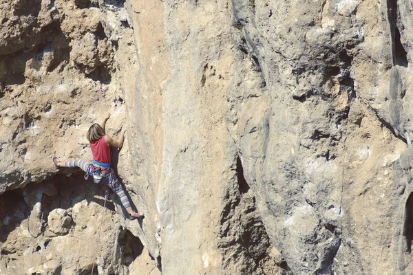 Giovane Arrampicatrice Femminile Una Parete Scogliera — Foto Stock