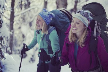 İki kız kış ormanda yürüyor.