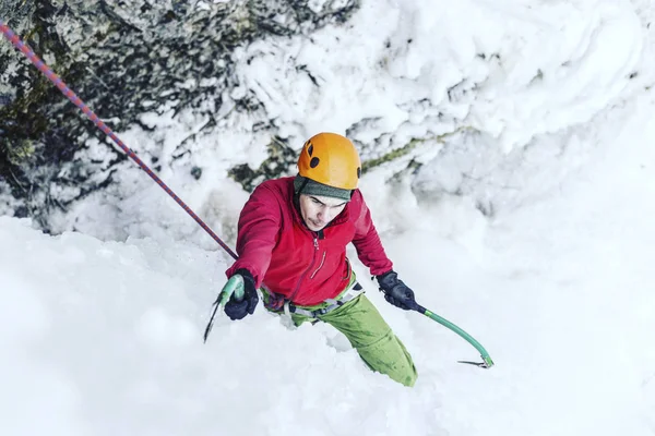 Ice Climbing Frozen Waterfall — Stock Photo, Image