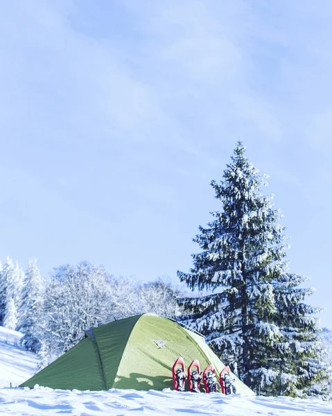 Tienda Campaña Montañas Invierno Tienda Campaña Encuentra Las Montañas Nieve — Foto de Stock