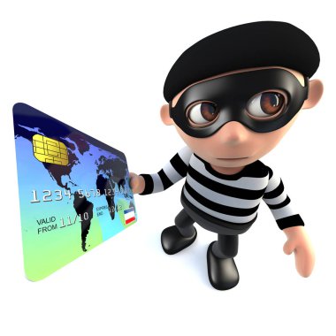 bir kredi kartı ile ödeme komik karikatür hırsız hırsız karakterin 3D render