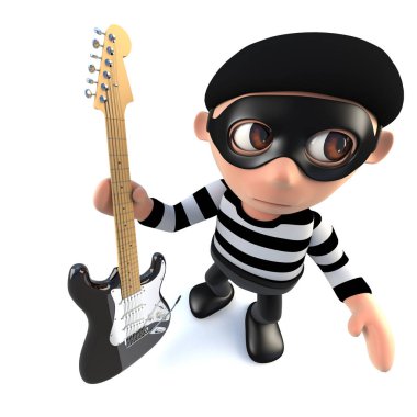 komik karikatür hırsız hırsız 3D render karakter bir elektro gitar holding