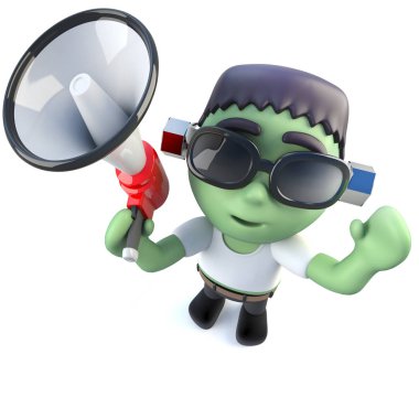 bir komik karikatür frankenstein canavarı karakteri bir megafon kullanarak 3D render