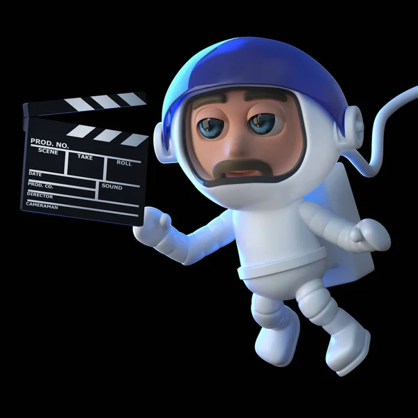 제작자 Clapperboard 장치를 잡으려고 우주에에서 우주인 캐릭터의 렌더링 — 스톡 사진