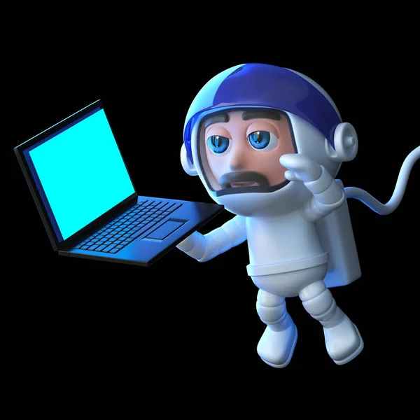 Rendering Eines Astronauten Der Mit Einem Laptop All Schwebt — Stockfoto