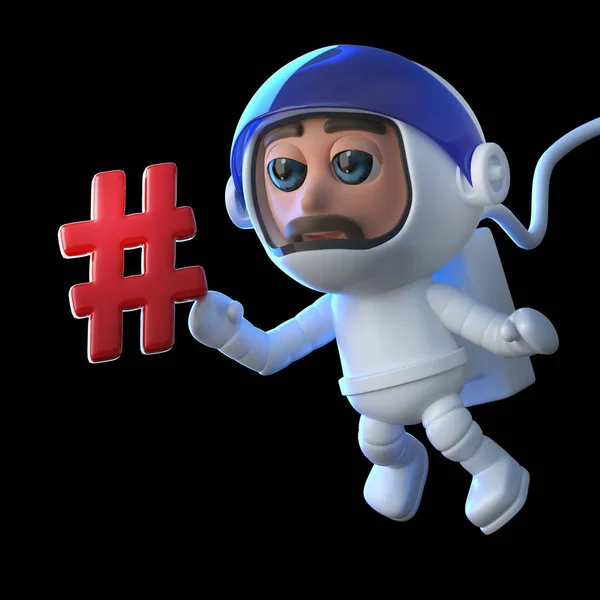 Darstellung Einer Der Schwerelosigkeit Schwebenden Cartoon Astronautenfigur Mit Einem Hashtag — Stockfoto