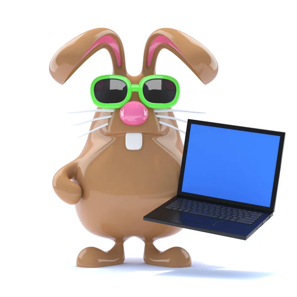 Rendering Coniglietto Pasqua Che Tiene Computer Portatile — Foto Stock
