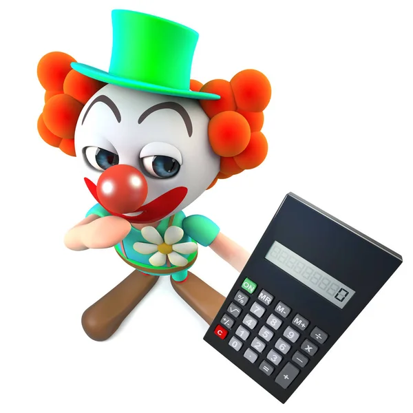 Render Funny Cartoon Clown Character Holding Digital Calculator — Stock Photo, Image