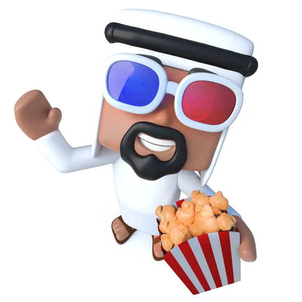 Render Engraçado Cartoon Árabe Sheik Personagem Comer Pipocas Filmes — Fotografia de Stock