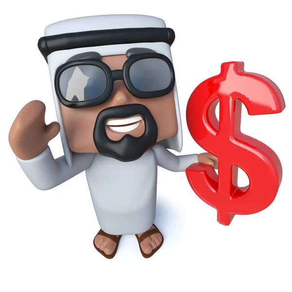 Render Funny Cartoon Arab Sheik Character Holding Dollar Currency Symbol — Stock Photo, Image