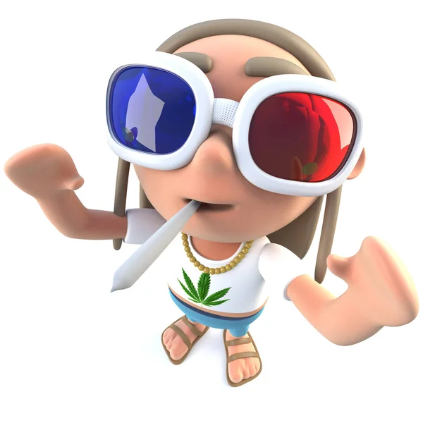 Render Funny Cartoon Stoner Hippy Character Wearing Glasses Smoking — Stock Photo, Image