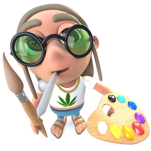 Render Funny Cartoon Hippy Stoner Character Painting Paintbrush Palette — Stock Photo, Image