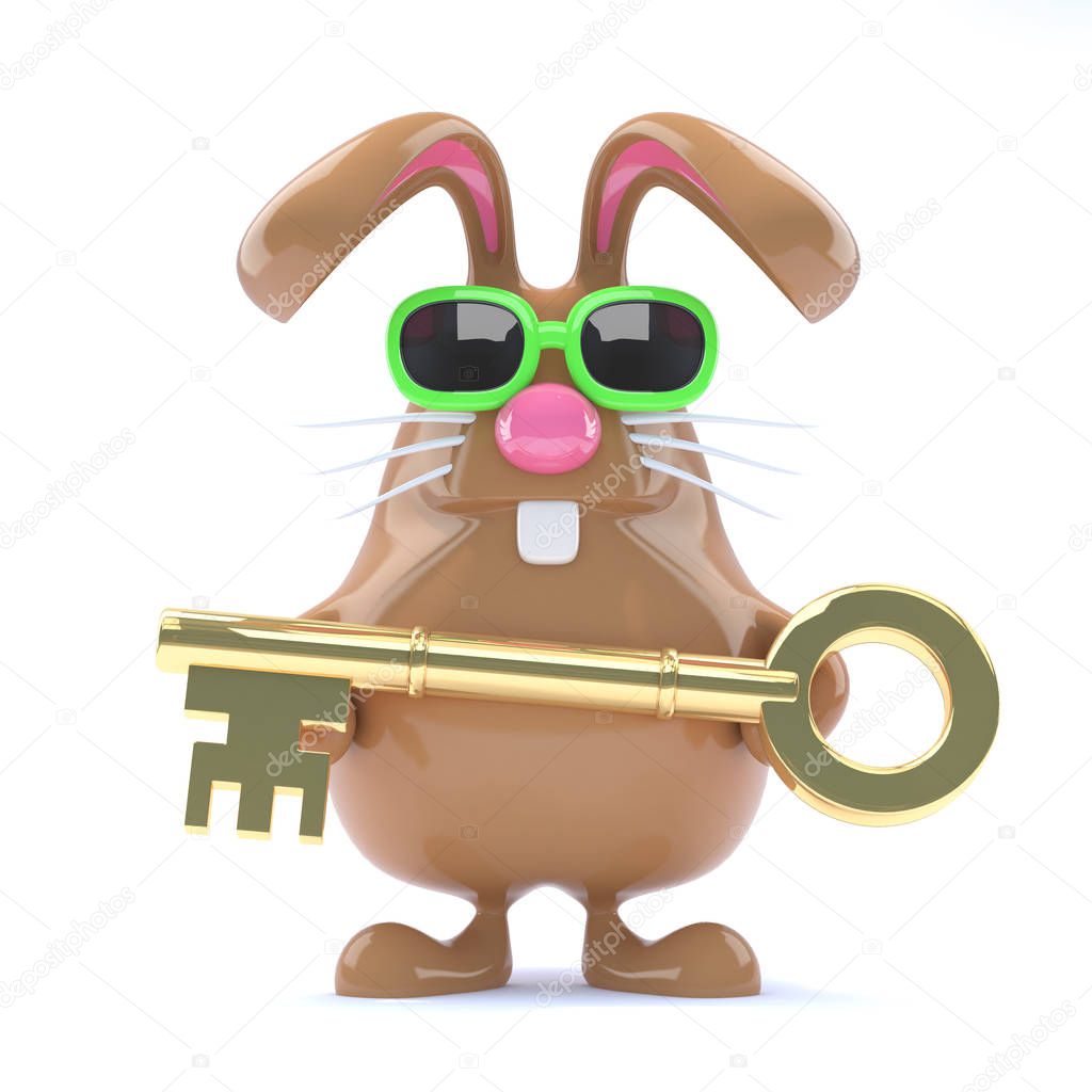 3d render of a rabbit holding a golden key