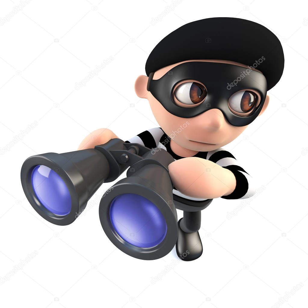 3d render of a funny cartoon burglar thief character holding a pair of binoculars