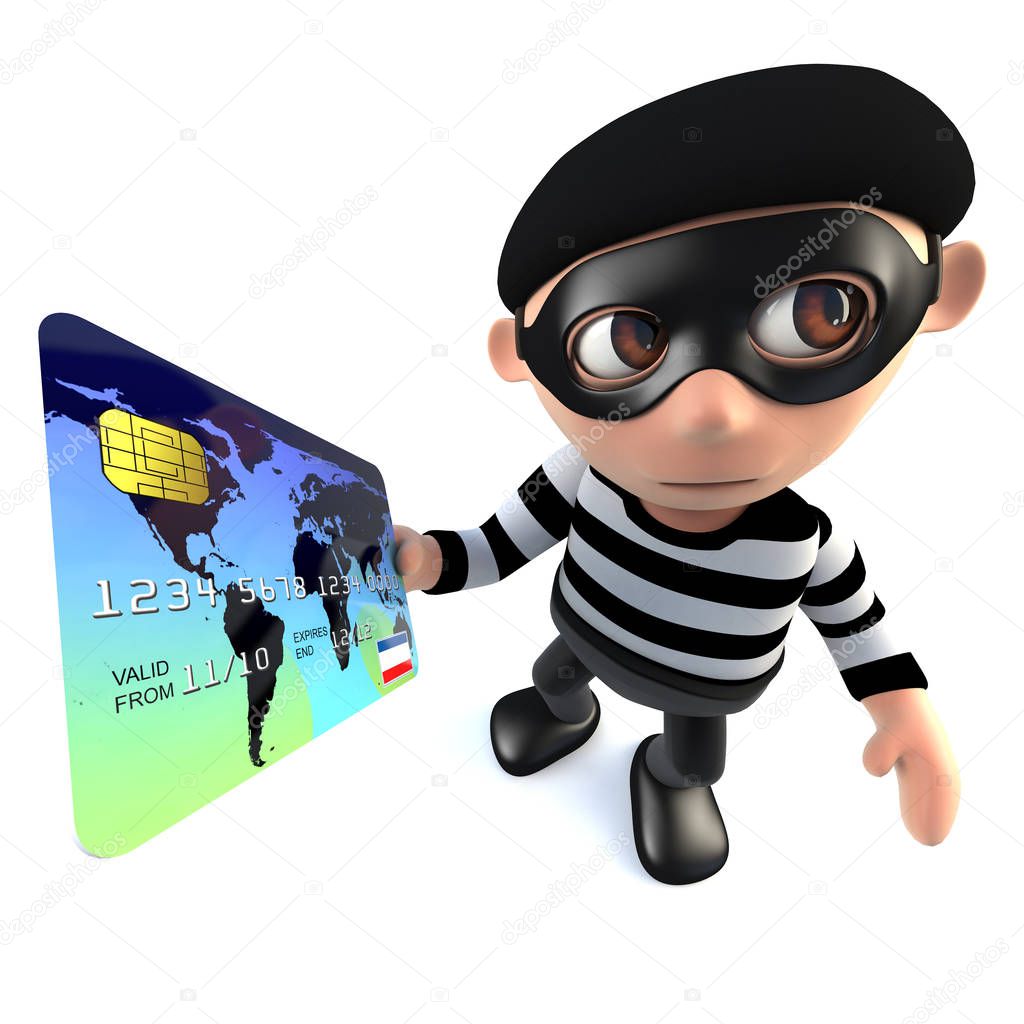 3d render of a funny cartoon burglar thief character paying with a credit card