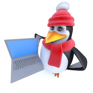 Kış için giyinmiş ve dizüstü pc tutan bir komik karikatür penguen 3D render