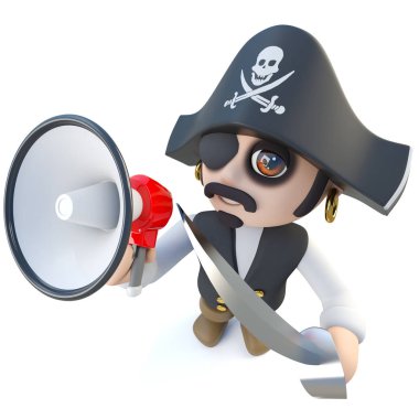 komik karikatür korsan Kaptan karakter bağırarak bir megafon ile 3D render