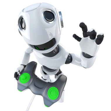 bir oyun çubuğu denetleyicisi ile bilgisayar oyunu oynamak komik karikatür robot karakter 3D render