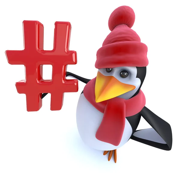 Render Vicces Rajzfilm Pingvin Öltözött Téli Gazdaság Egy Hashtag Szimbólum — Stock Fotó
