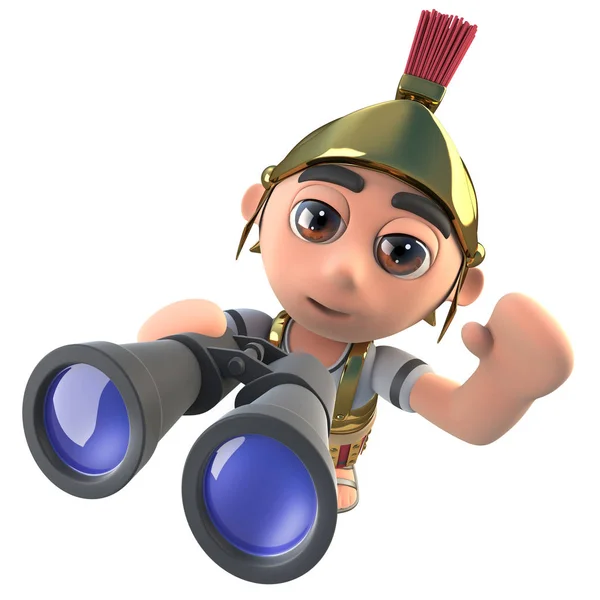 3d render of a funny cartoon Roman soldier character looking through binoculars