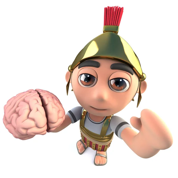 3d render of a funny cartoon Roman soldier gladiator holding a human brain