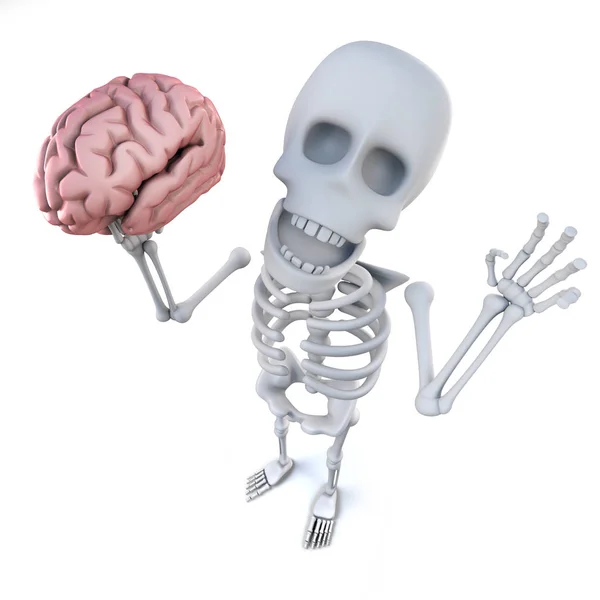 3d render of a funny cartoon skeleton character holding a human brain