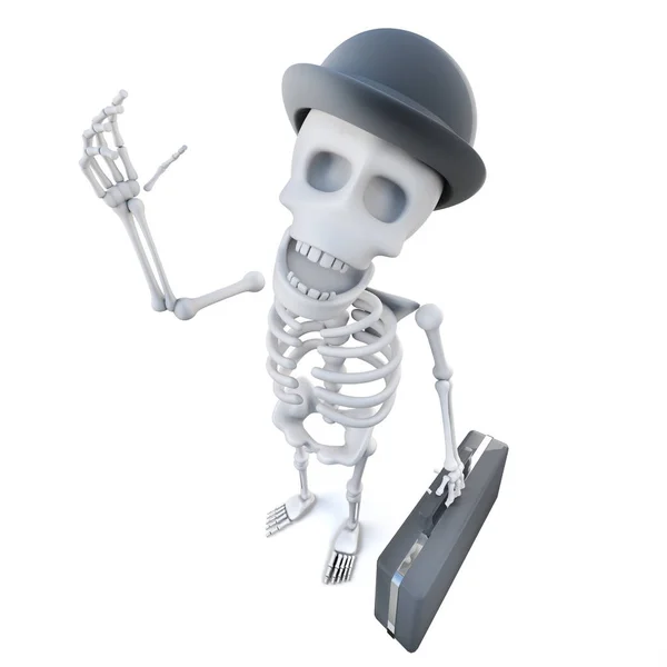 Renderização Esqueleto Engraçado Personagem Empresário Desenho Animado Com Pasta Chapéu — Fotografia de Stock