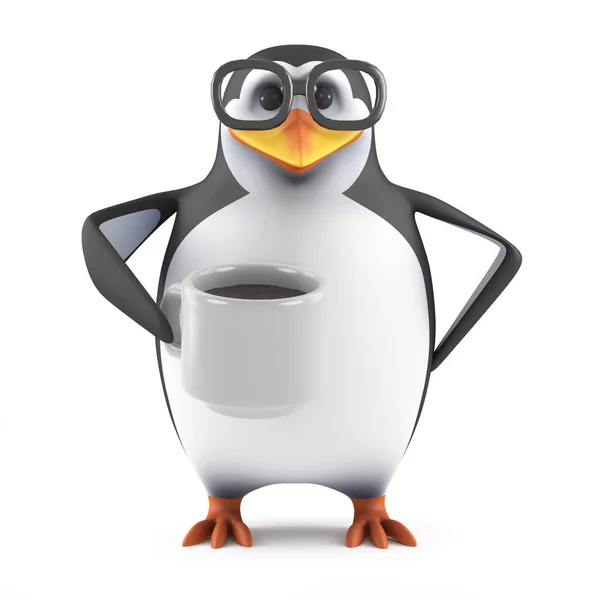 Rendering Pinguino Che Beve Una Tazza Caffè — Foto Stock